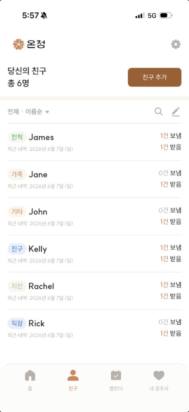 온정 친구 목록 화면 - 관계별 주고받은 내역